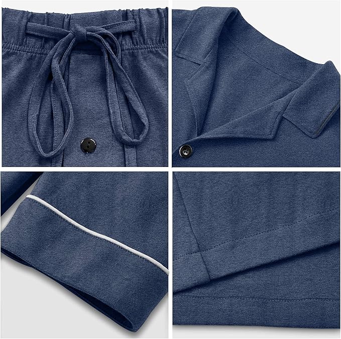 COLORFULLEAF Men's 100% Cotton Short Sleeve Pajama Sets Button Down Notched Collar Sleepwear Soft Lounge Pjs with Pockets