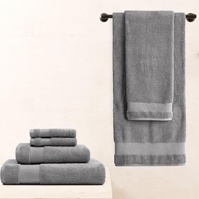BIOWEAVES 100% Organic Cotton 700 GSM Plush 6-Piece Towel Set GOTS Certified, 2 Bath Towels, 2 Hand Towels & 2 Washcloths - Light Grey