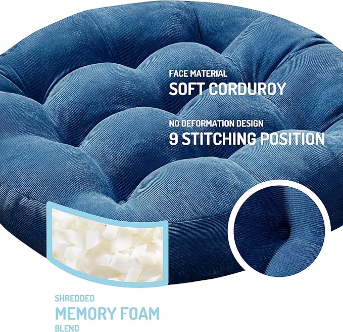 Degrees of Comfort Floor Cushion Pillow, Round Large Pillows Seating for Adults, Tufted Corduroy Floor Cushions for Living Room Tatami, Navy Blue, 22 Inch Single, 1 Count (Pack of 1)