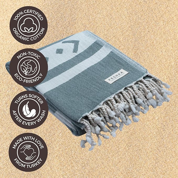 FESHKA Sand Free Turkish Beach Towel (37 x 67) Quick Dry Bath Towel, Oversized Beach Blanket, Lightweight for Travel - Made with 100% Organic Turkish Cotton - Aztec (Green)