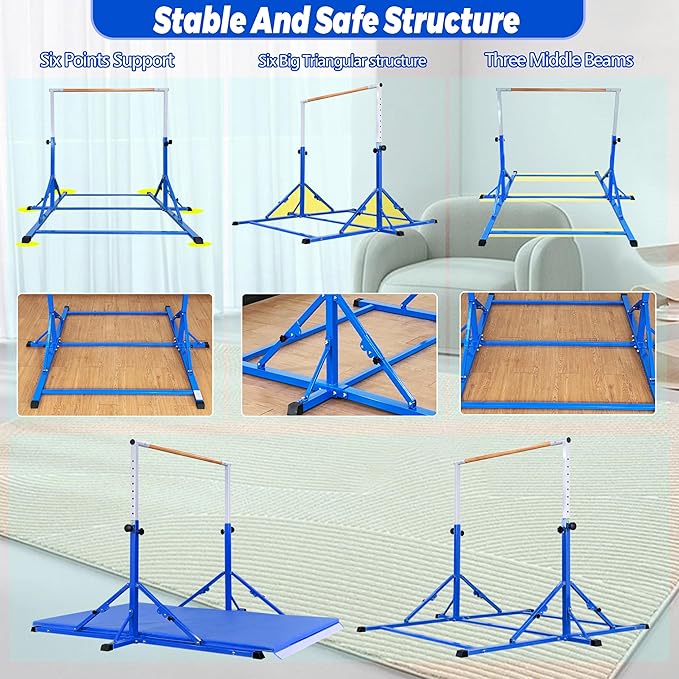 Gymnastic Bar for Kid and Teenage Ages 3-25, 5 FT / 6 FT Base Length, 5 FT / 6 FT Height, Gymnastic Kip Bar Horizontal Bar for Gymnast, Gymnastic Training Equipment for Home and Club Use