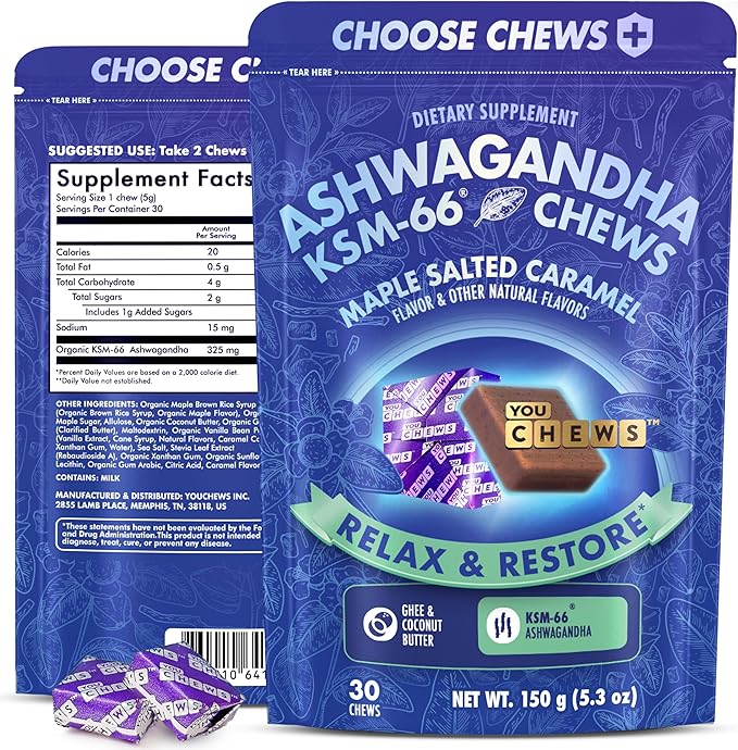Ashwagandha KSM-66 Chews for Stress Relief & Mood Support, Organic Ashwagandha Gummies KSM 66 Alternative, Mood Support, Maple Salted Caramel Flavor, 30 Count