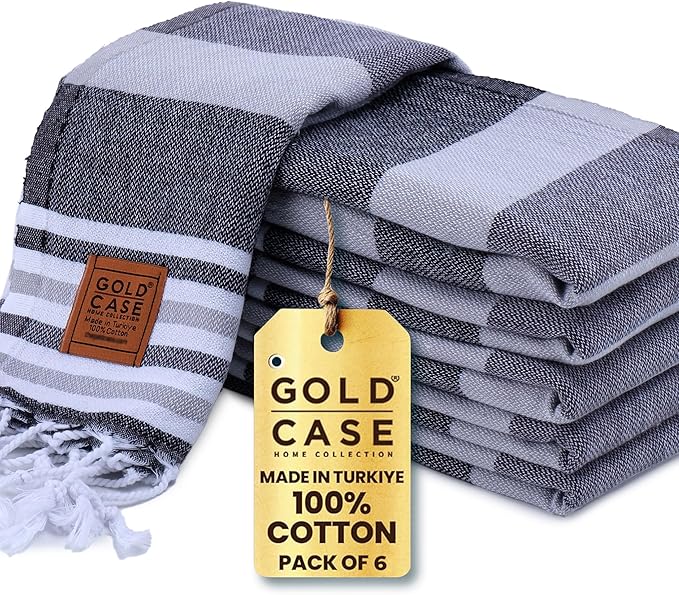 GOLD CASE HOME COLLECTION Olympos Original Turkish Hand Towels by - Set of 6-20x40 inches 100% Cotton Decorative Bathroom & Kitchen for Hand, Face, Hair, SPA, Farmhouse, Gym, Tea and Dishcloth, Black