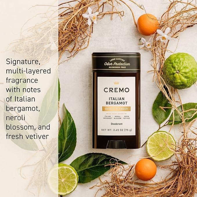 Cremo Italian Bergamot Aluminum Free Deodorant for Men, 48-hour Long Lasting Odor Protection, 2.65oz