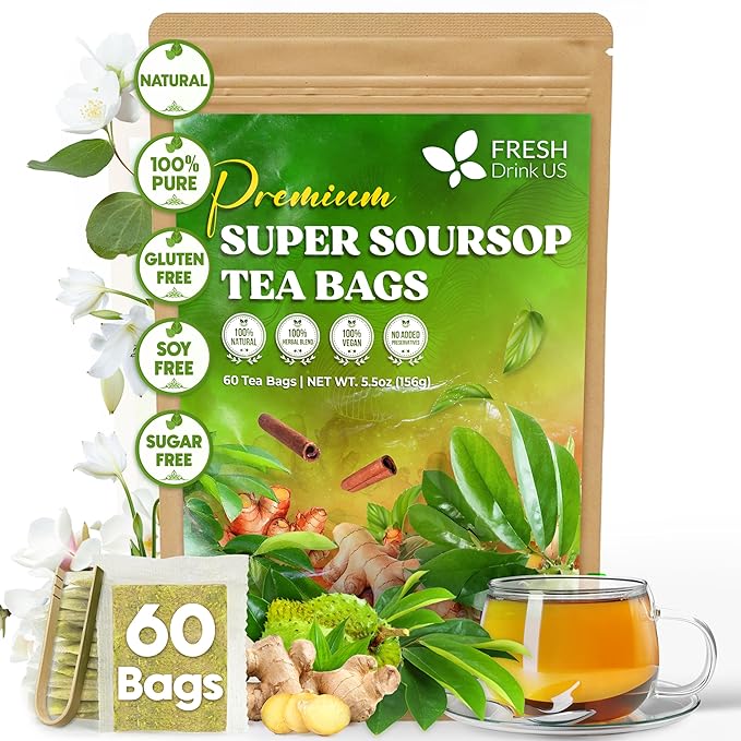 FreshDrinkUS, Super Soursop Herbal Tea β 60 Tea Bags | Soursop, Ginger, Turmeric, Lemongrass, Cinnamon, Black Pepper & Peppermint | Caffeine-Free, Natural Flavor, Plant-Based Blend | Sugar-Free