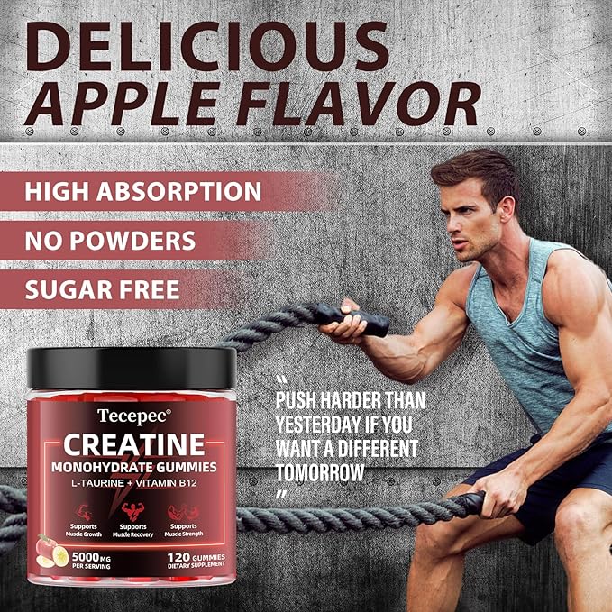 Creatine Monohydrate Gummies for Men & Women, 120 Count, 5000mg Per Serving with L-Taurine & Vitamin B12, Creatine Supplement for Building Muscle, Strength and Recovery, Vegan, Apple Flavor