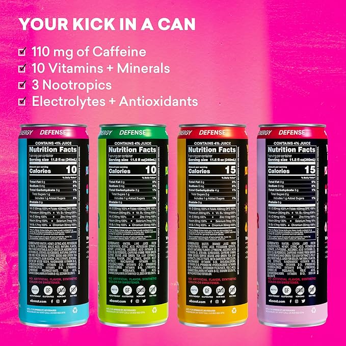 EBOOST Super Fuel Healthy Energy Drink - Caffeine from Natural & Clean Ingredients For Focus and Productivity -Taurine Free Pre-Workout With Electrolytes, Nootropic & Vitamins - Variety Pack, 12 Pack