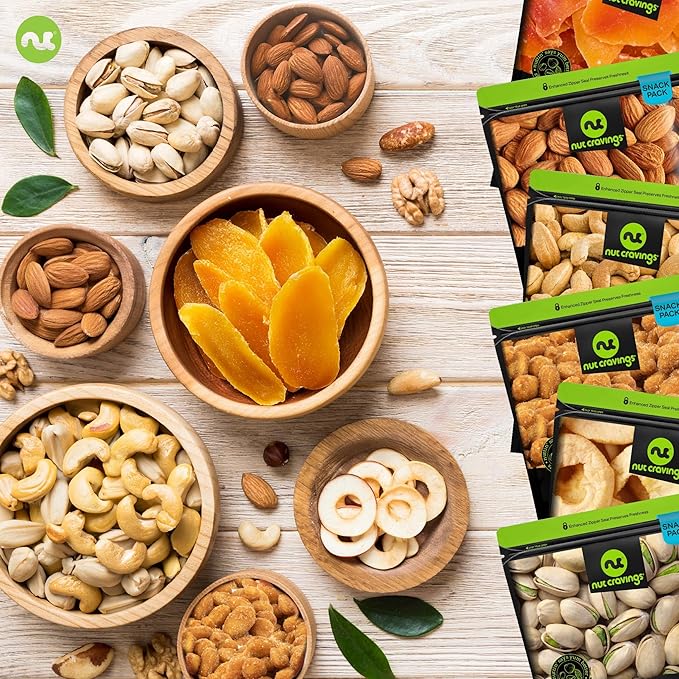 NUT CRAVINGS - Diwali Sweets Hamper Mid-Autumn Festival Dried Fruit & Mixed Nuts Basket in Green Box (6 Assortments of 4 oz, 1.5 lb) Food Arrangement, Healthy Snack Care Package, Food Assortments