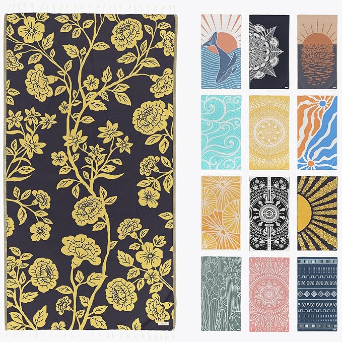 FESHKA Sand Proof Turkish Beach Towel – Oversized, Quick Dry & Lightweight Travel Towel - 100% Organic Cotton Beach Blanket - Perfect for Bath, Pool & Picnic | Gardenia (Yellow/Black)