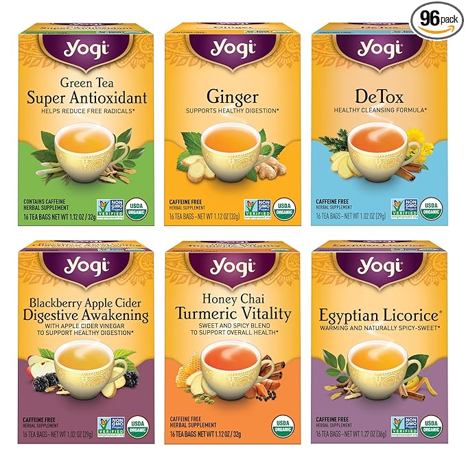 Yogi Digestion & DeTox Sampler Pack (6 Pack) - Wellness Support - Herbal & Green Tea - 96 Tea Bags