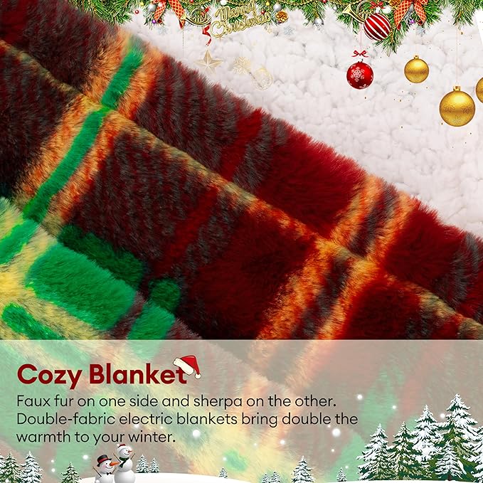 MAXEVE Faux Rabbit Fur Electric Heated Blanket King Size for Bed, Sherpa Buffalo Plaid Christmas Heating Blanket with 8 Heating Levels & 8 Hours Auto Off, Over-Heat Protection,ETL Certified,Red