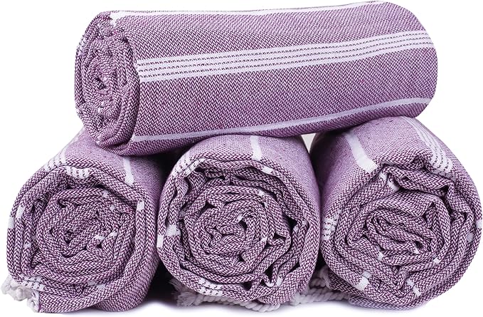 HILLFAIR Cotton Turkish Beach Towels, Quick Dry Lightweight Sand Free Peshtemal Towel for Bath Swim Yoga Spa Travel, Beach Accessories, Oversized Cotton Turkish Towels (39 x 72 inch- 4 Pack Purple)