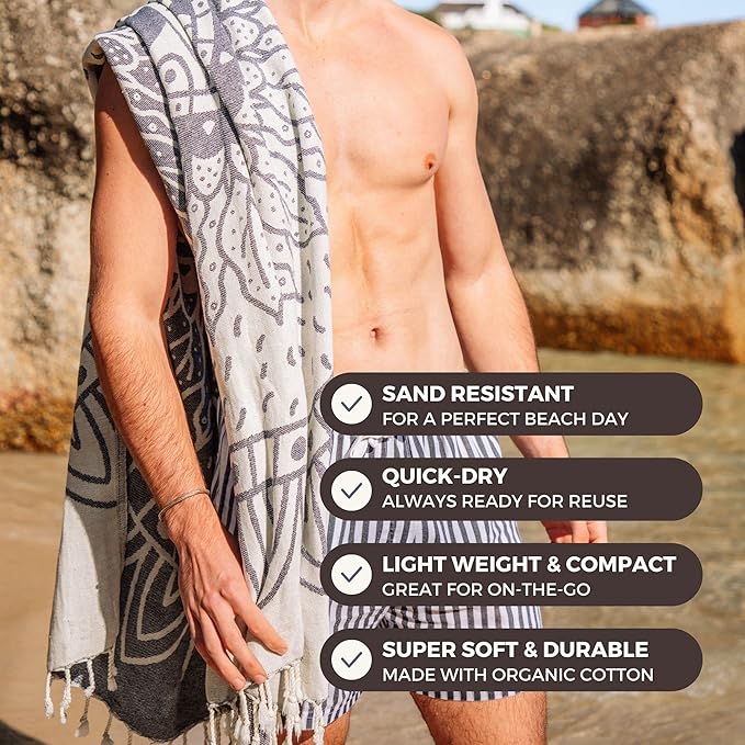 FESHKA Sand Proof Turkish Beach Towel – Oversized, Quick Dry & Lightweight Travel Towel - 100% Organic Cotton Beach Blanket - Perfect for Bath, Pool & Picnic | Sunflower (Navy)