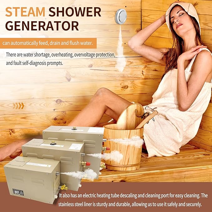 Steam shower generator,18kw Household-Commercial,Steam shower generator kit,with self-draining system,Temperature adjustable 95-131°F,Applicable space 560~735ft3