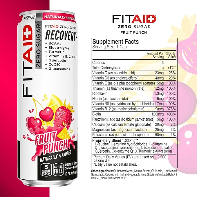 FITAID ZERO, Keto-Friendly, Number 1 Post-Workout Recovery Drink, Contains Zero Sugar, BCAAs, Glucosamine, 5 Calories, Fruit Punch, 12 Fl Oz (Pack of 24)