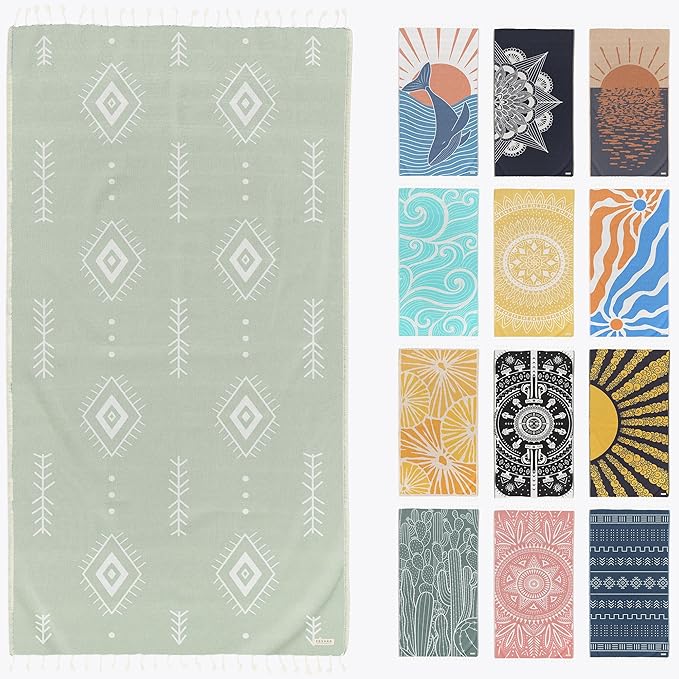 FESHKA Sand Proof Turkish Beach Towel – Oversized, Quick Dry & Lightweight Travel Towel - 100% Organic Cotton Beach Blanket - Perfect for Bath, Pool & Picnic | Cat Eye (Light Green)