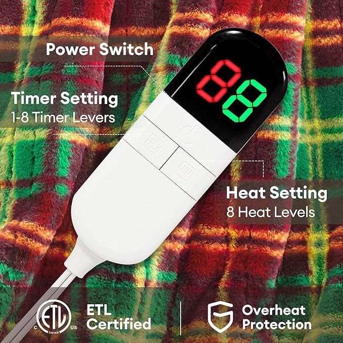 MAXEVE Faux Rabbit Fur Electric Heated Blanket King Size for Bed, Sherpa Buffalo Plaid Christmas Heating Blanket with 8 Heating Levels & 8 Hours Auto Off, Over-Heat Protection,ETL Certified,Red