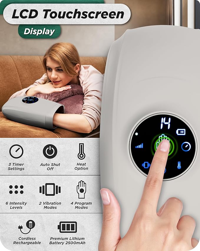 Lunix LX7 Touchscreen Electric Hand Massager with Compression and Heat, Pressure Point Therapy for Arthritis, Pain Relief, and Carpal Tunnel, Shiatsu Massage Machine, with Hand Warmer, Gray