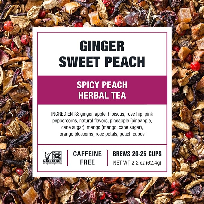 Tiesta Tea - Ginger Sweet Peach, Loose Leaf, Spicy Peach Herbal Tea, Non-Caffeinated Tranquility Blend, Bulk Herbal Leaves with Hibiscus & Cane Sugar, 25 Cups, 2.2 Ounce Resealable Pouch