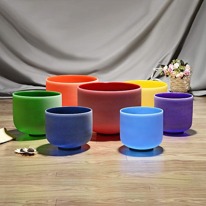 TOPFUND 7-12 inch Chakra Set of 7 Color Crystal Singing Bowls with Heavy Duty Carrying Cases and Mallets