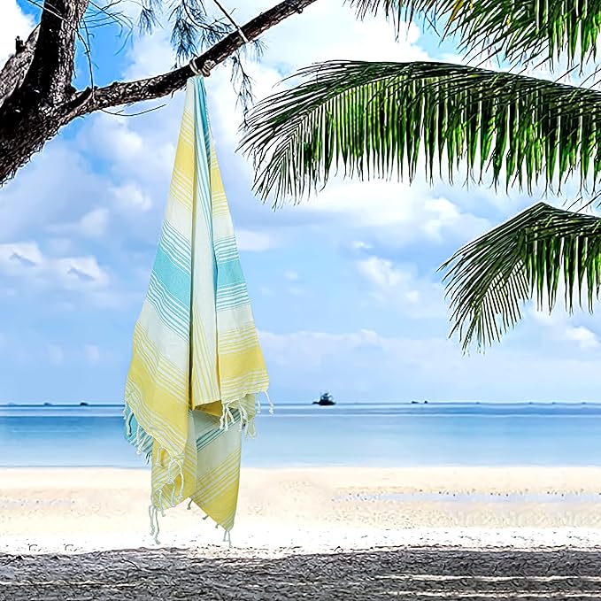 HILLFAIR Cotton Turkish Beach Towels, Quick Dry Lightweight Sand Free Peshtemal Towel for Bath Swim Yoga Travel, Beach Accessories, Oversized Cotton Turkish Towels (39 x 72 inch- 4 Pack Yellow Blue)