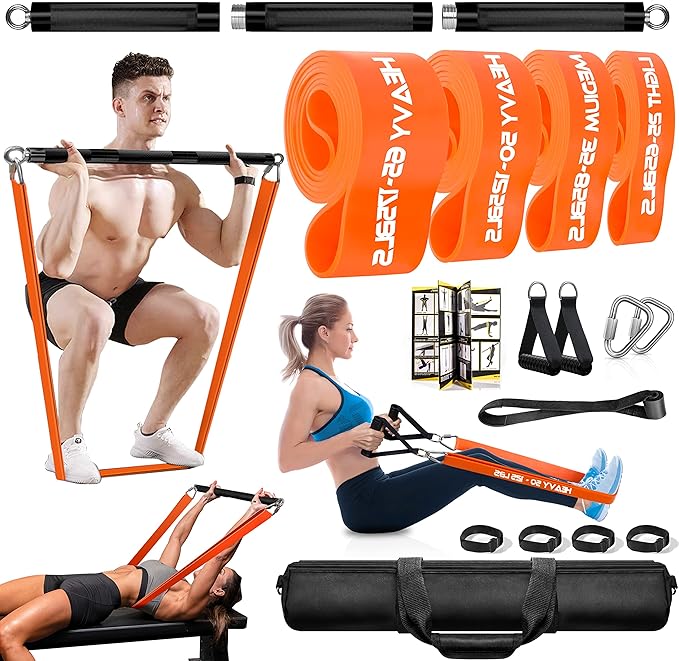 DASKING Resistance Band Bar Set for Home Gym, 500LB Total Resistance with Longer Bar & 4 Stackable Bands, Detachable for Full Body Workouts, Door Anchor, Exercise Guide