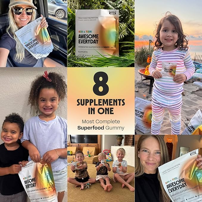 Awesome Everyday Superfood Gummies for Kids & Teens – Multivitamin for Boys & Girls - EAAs, Mushrooms & Adaptogens - Vegan, No Artificial Flavors, Colors or Seed Oils - Ages 2-15 - 28 Count