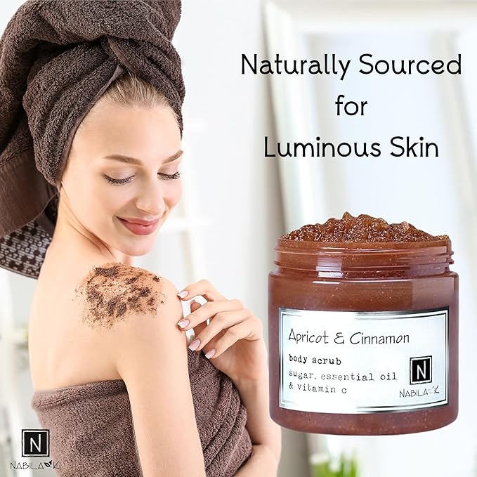 Apricot & Cinnamon Body Scrub Made in USA with Essential Oil and Vitamin C by Nabila K - Exfoliate and Moisturize for Smooth Skin - Luxury for Women & Men, 3 oz