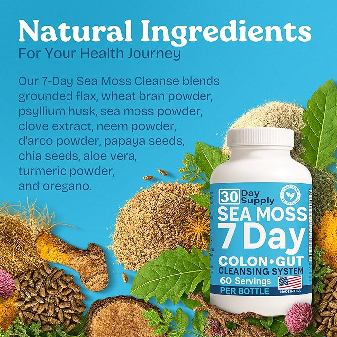 Atlantic Naturals Sea Moss 7-Day Colon & Gut – with Psyllium Husk Senna Powder, Golden Flax, Turmeric & Herbs for Digestive Health, Bloating, & Natural Flushing for Women & Men - 180 Capsules.