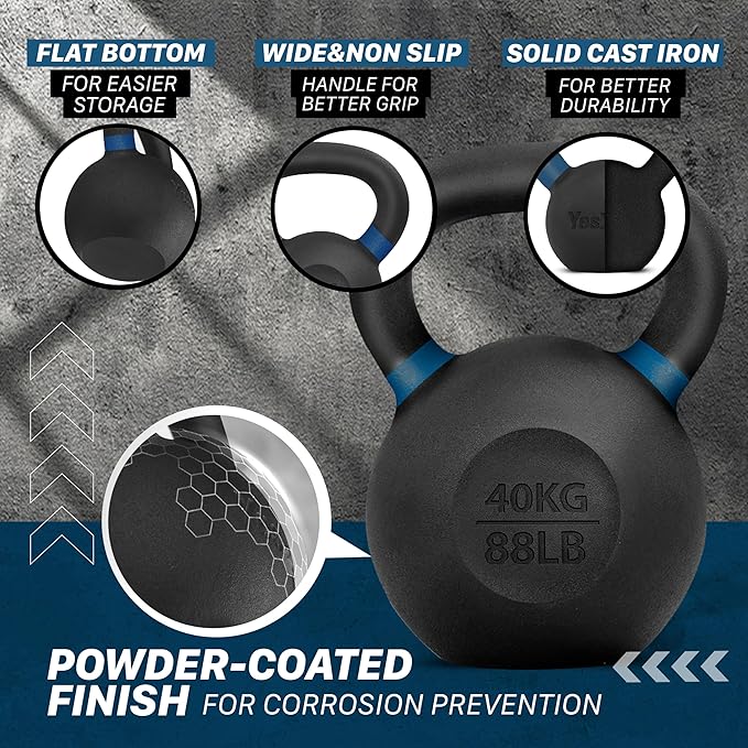 Yes4All Powder Coated Kettlebell, Cast Iron Core Kettlebells with Non-Slip Handle & Flat Bottom for Conditioning, Heavy Duty for Strength Training, 9lb to 71lb - Single & Pair