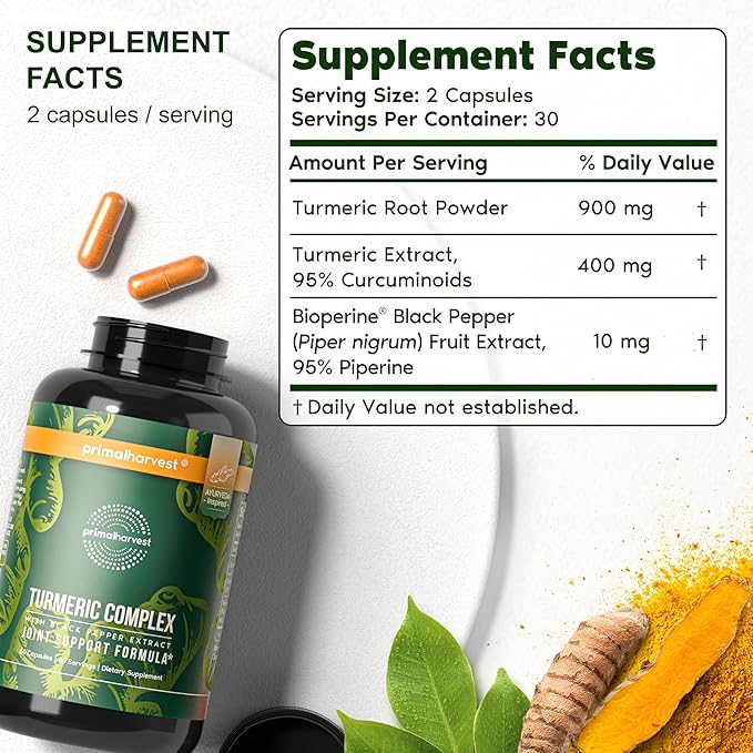 Primal Harvest 2 Pack, Primal Turmeric Complex w/Black Pepper Extract, Joint and Mobility Support Supplement for Women & Men, 120 Capsules