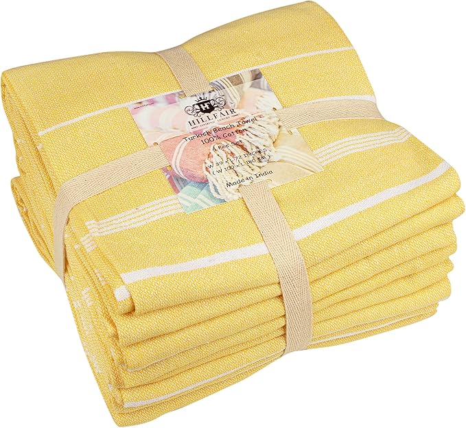 HILLFAIR Cotton Turkish Beach Towels, Quick Dry Lightweight Sand Free Peshtemal Towel for Bath Swim Yoga Spa Travel, Beach Accessories, Oversized Cotton Turkish Towels (39 x 72 inch- 4 Pack Yellow)