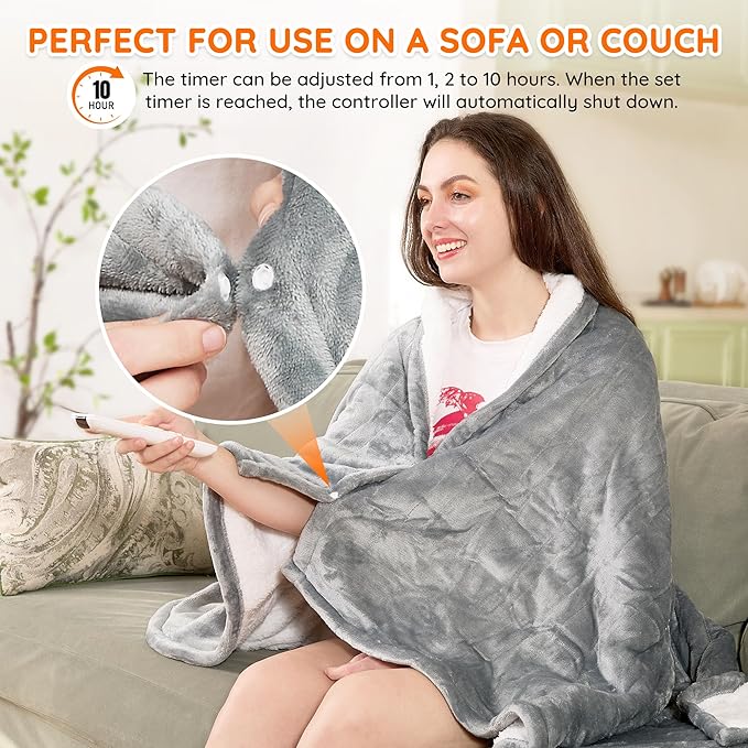 Mia&Coco Heated Throw Blanket - 50"x60" Flannel Electric Blanket, 6 Heat Levels, 10-Hour Auto-Off, Fast Heating, Overheat Protection, Machine Washable, Soft Heated Blanket for Home and Office (Gray)