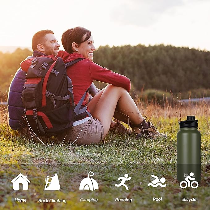 HASLE OUTFITTERS 32 oz Insulated Water Bottle Stainless Steel Double Walled Vacuum Sports Water Bottle with 2 Lids (Straw and Spout Lid) for Gym Camping Hiking(Army Green,8)