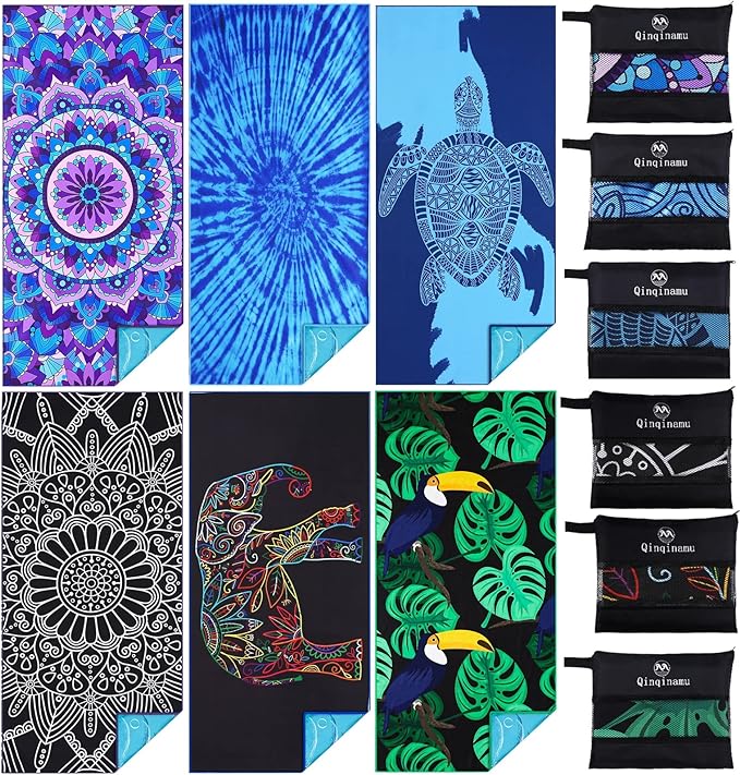 6 Pack Microfiber Thin Lightweight Beach Towel Oversized 71x32 Extra Large Sand Free Towels for Travel Swim Pool Yoga Gym Camping for Adults Women Men Beach Essentials Accessories Vacation Gift