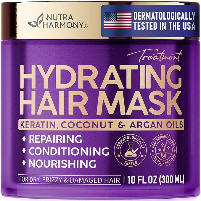 NUTRAHARMONY Hydrating Hair Mask for Dry, Frizzy & Damaged Hair โ Deep Conditioning Keratin Treatment with Argan & Coconut Oils, Collagen & Biotin โ Repairing, Anti-Frizz Hair Mask for Women, 10oz