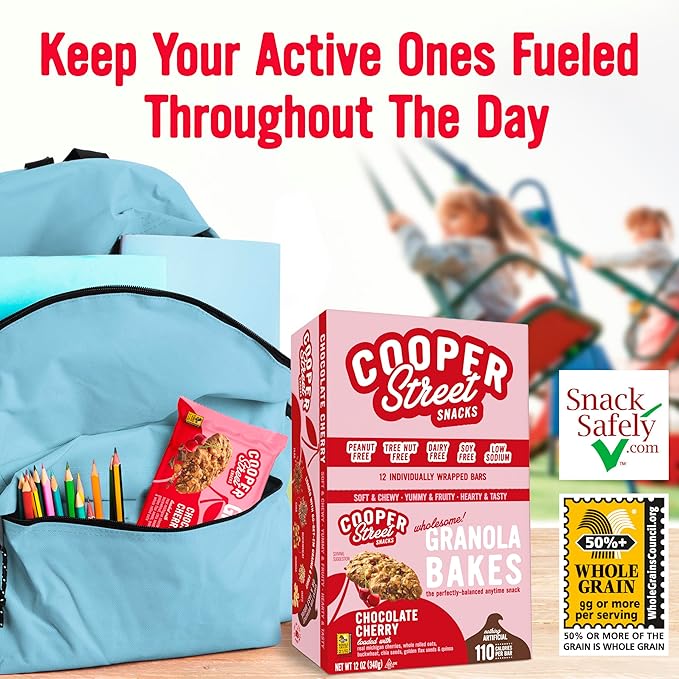 Cooper Street Chocolate Cherry Granola Bakes (12 pack) - Individually Wrapped Soft and Chewy Breakfast Granola Bars - Nut, Dairy & Soy Free - Great As Kids Snacks For School, Hiking Or Lunchbreak