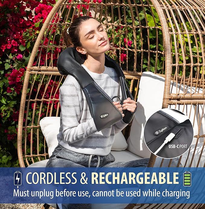 Zyllion Shiatsu Neck and Back Massager with Heat - Cordless Rechargeable 3D Electric Kneading Deep Tissue Massage for Muscle Pain Relief, Black, ZMA-28RB