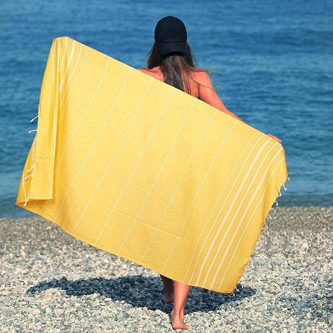 HILLFAIR Cotton Turkish Beach Towels, Quick Dry Lightweight Sand Free Peshtemal Towel for Bath Swim Yoga Spa Travel, Beach Accessories, Oversized Cotton Turkish Towels (39 x 72 inch- 4 Pack Yellow)