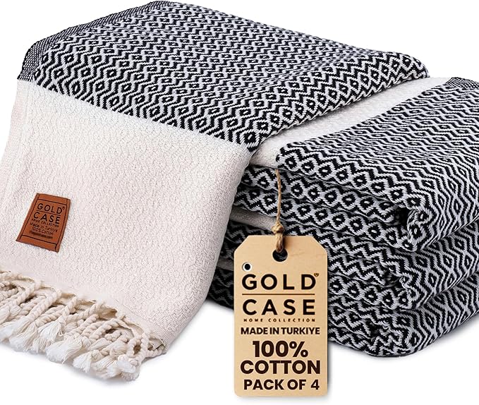 Gold CASE Turkish Beach Towel Set of 4 – 100% Cotton Large Turkish Bath Towels 67 x 38'' – Zeus Extra Large, Quick Dry & Sand Free Towels – Peshtemal for Pool – Black