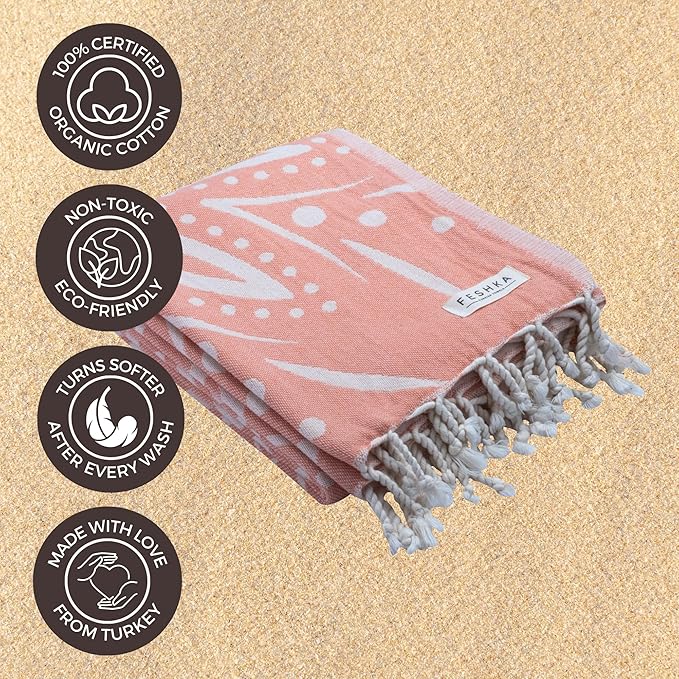 FESHKA Sand Free Turkish Beach Towel (37 x 67) Quick Dry Bath Towel, Oversized Beach Blanket, Lightweight for Travel - Made with 100% Organic Turkish Cotton - Lovesong (Pink)