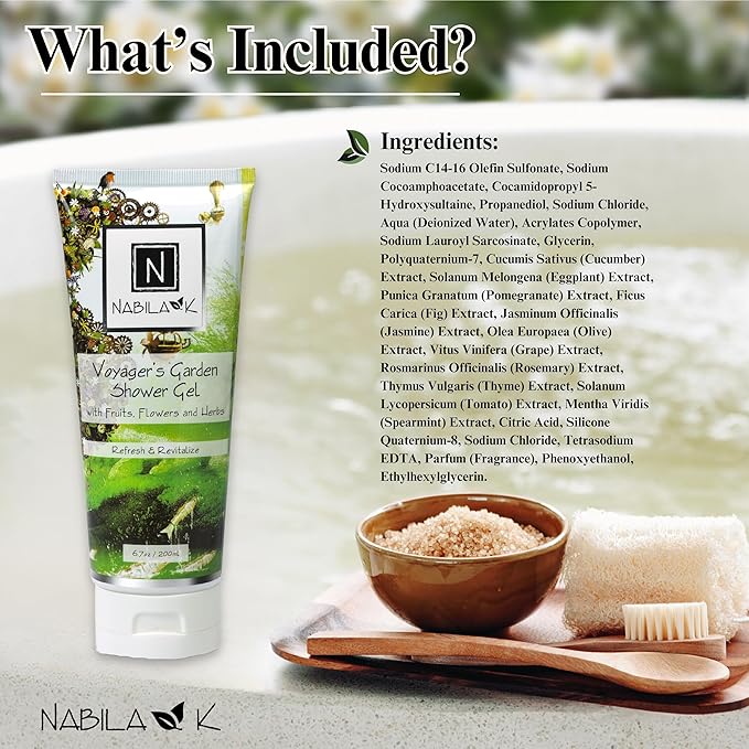 Nabila K Voyager’s Garden Shower Gel Refreshing Body Wash with Fruits, Flowers & Herbs, 6.7 oz - Naturally Derived, Sulfate-Free, Paraben-Free - Made in the USA