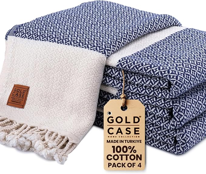 Gold CASE Turkish Beach Towel Set of 4 – 100% Cotton Large Turkish Bath Towels 67 x 38'' – Aphrodite Extra Large, Quick Dry & Sand Free Towels – Peshtemal for Pool – Navy Blue