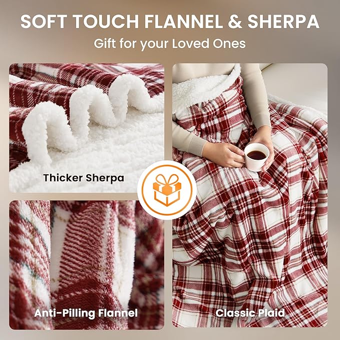 Heated Blanket Electric Throw-50''x60''Ultra Soft Cozy Plaid Flannel Fast Heating Electric Blanket with 10 Heat Levels & 10 Hours Auto Off, ETL Certified, Keep Warm in Couch Bed Office(Red)