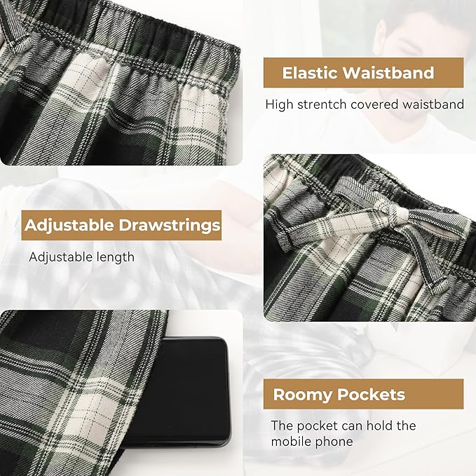BAMBOO COOL Men's Pajama Bottoms Plaid Pajamas Pants for Men Soft Long Lounge Woven Pj Sleep Pant with Pockets