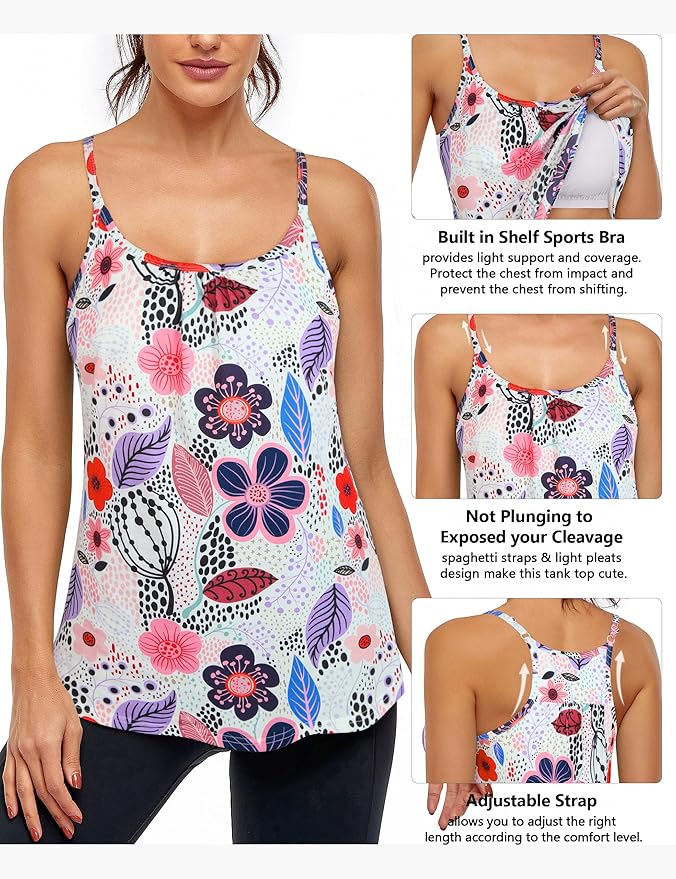 Hibelle Women's Workout Yoga Racerback Tank Tops with Built in Shelf Bra