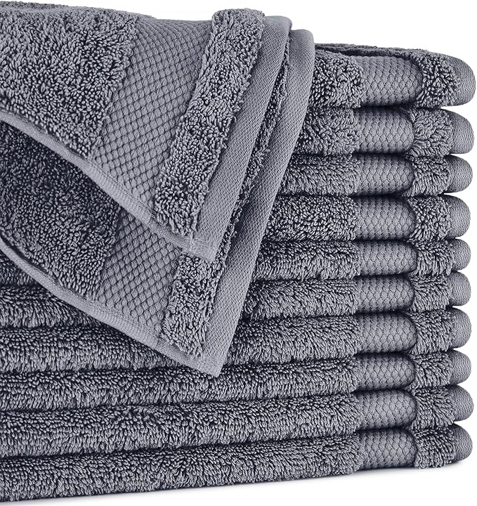 BIOWEAVES 100% Organic Cotton 700 GSM Plush Washcloths 13" x 13" GOTS Certified - Charcoal, Pack of 12