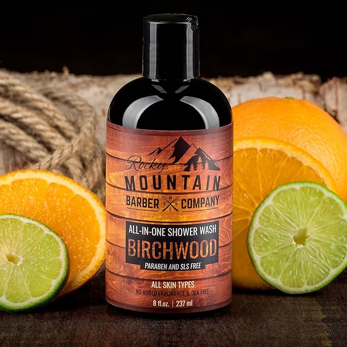 Rocky Mountain Barber Company Birchwood All-In-One Body Wash – Shampoo, Body Wash, Conditioner, Face Wash & Beard Wash with Essential Oils - 8 oz