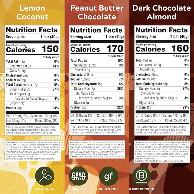 Simply Protein - Crispy Bars Variety Pack, 3 Flavors - Plant Based Protein Bars, Protein Snacks - 13g Protein, 2g Sugar, 7g Fiber - Vegan, Gluten Free, Non GMO, Kosher - 15 Bars, 1 Box