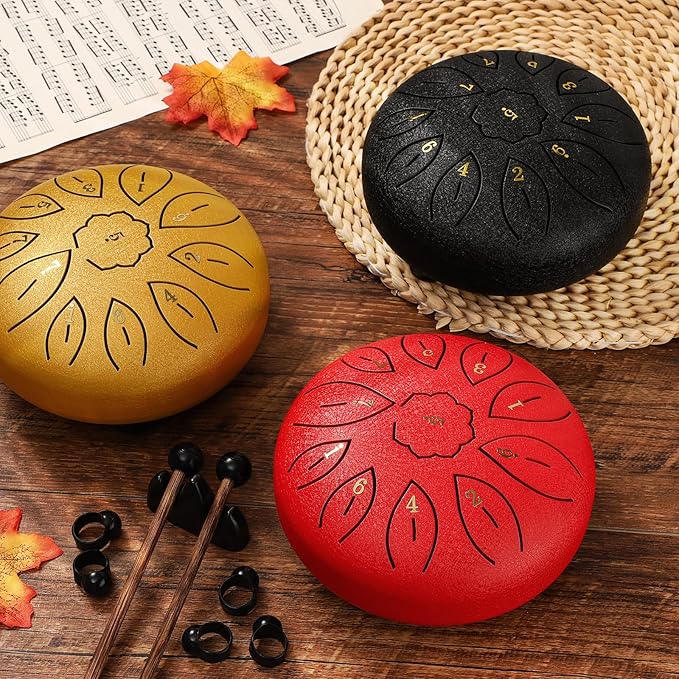 Facmogu 6 Inches 11 Notes Steel Tongue Drum, Handpan Drum Sound Healing Instruments for Meditation, Musical Education, Yoga, Zen, Hand Drum with Bag Mallets Finger Picks Music Book Stickers - Gold